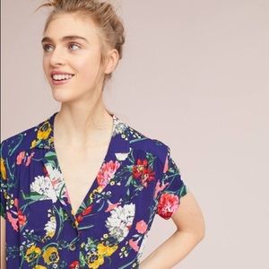 Anthro Maeve Bateau Floral Button Down Shirt Navy